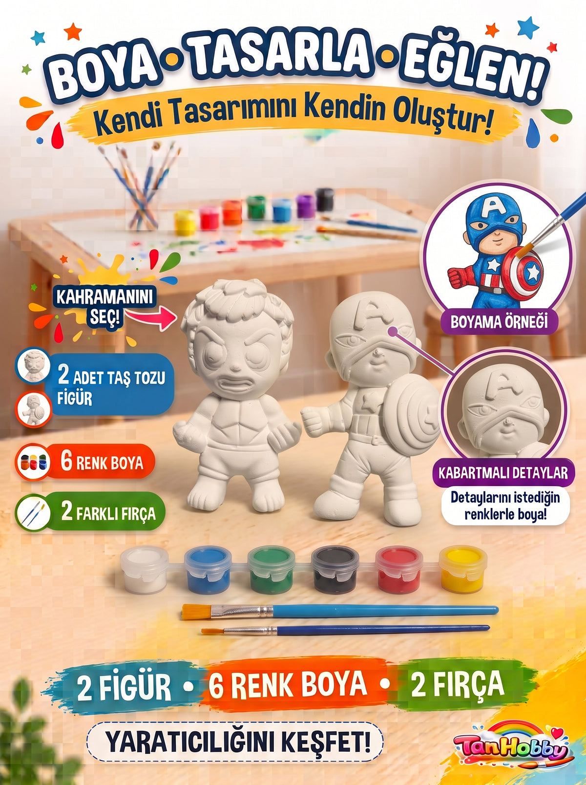 TanHobby 2'li Süper Kahramanlar Taş Tozu Boyama Seti – Süper Güç Serisi